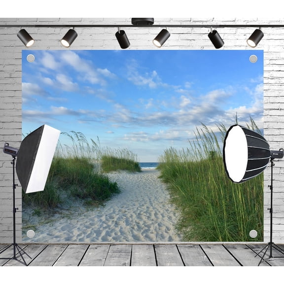 Diha 5x4ft Beach Dune Path Backdrop – Sandy Trail, Seagrass Fringes, Blue Sky and Ocean Horizon Banner for Wedding, Nature Party, Photo Booth, Reusable & Collapsible