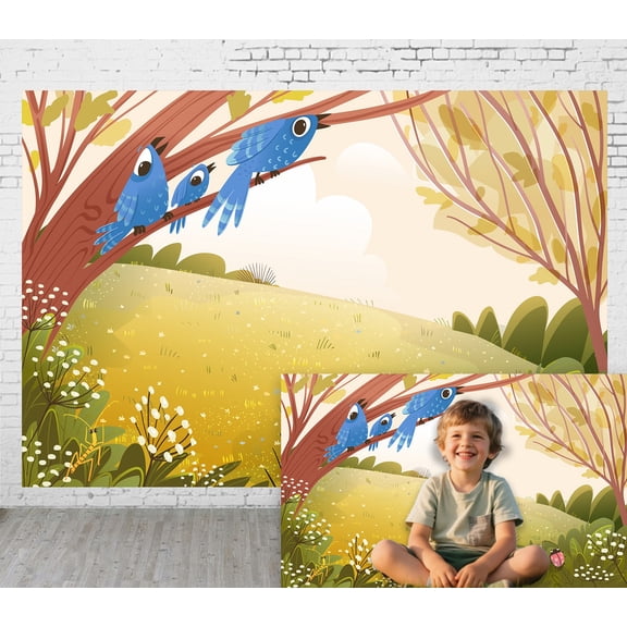 Diha 5x4ft Fabric Outdoor Background Cartoon Illustration Style Forest Bluebird Grassland Picnic Camping Hiking Home Decoration Photography Background