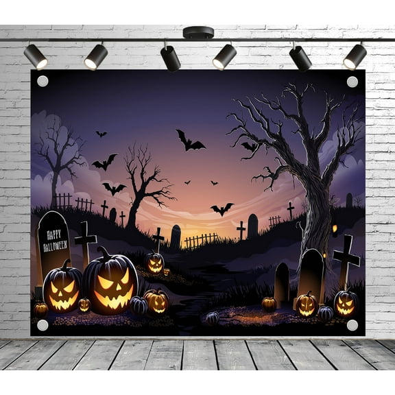 Diha 5x4ft Halloween Graveyard Backdrop – Glowing Jack-o'-Lanterns, Flying Bats, Dead Trees, Tombstones and Twilight Sky Banner for Halloween Party, Spooky Event, Photo Booth, Reusable & Collapsible