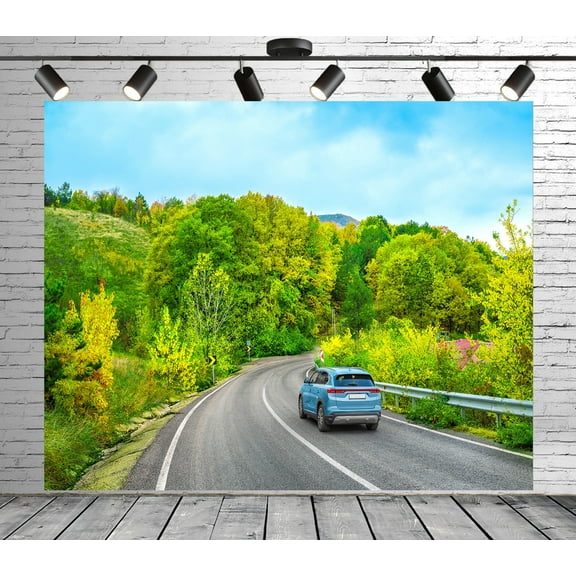 Diha 5x4ft Highway Driving Backdrop, Cars Forest Vegetation Sky, Backdrop for Party Decoration, Outdoor Theme Bedroom Wedding Day Photoshoot Background, Kids Game Video Studio Props