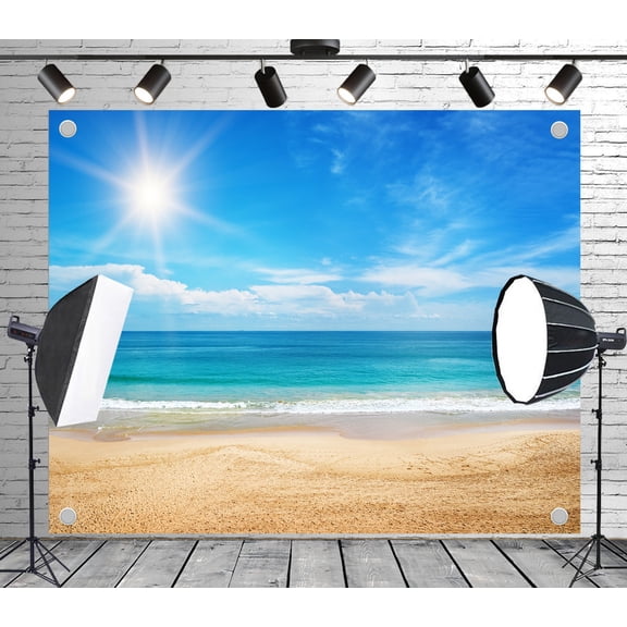 Diha 5x4ft Sunny Beach Backdrop – Golden Sand, Turquoise Sea, Bright Sun & Fluffy Clouds Banner for Wedding, Birthday, Beach Theme Party, Photo Booth Studio