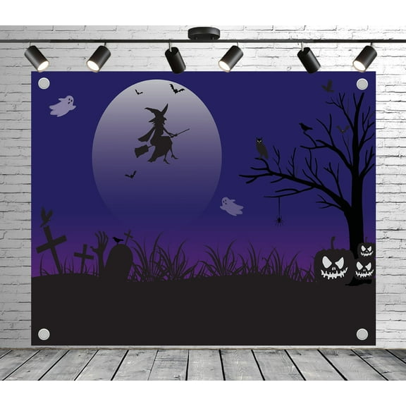 Diha 6x4ft Halloween Silhouette Backdrop Witch on Broomstick, Full Moon, Ghosts, Bats, Dead Tree & Jack - O'-Lanterns Banner for Halloween Party, Spooky Event, Photo Booth Studio