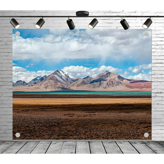 Diha 6x4ft Mountain Lake Backdrop Snow-Capped Peaks, Turquoise Water and Open Plain Banner for Adventure Party, Travel Event, Photo Booth, Reusable & Collapsible