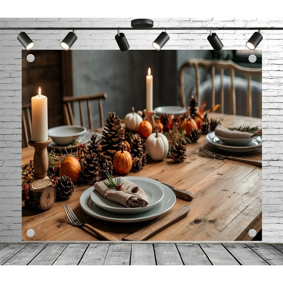 Diha 7x5ft Autumn Harvest Table Backdrop – Wooden Table, Pumpkin & Pinecone Decor, Lit Candles & Rustic Setting Banner for Thanksgiving Party, Fall Theme Event, Photo Booth Studio