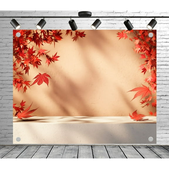 Diha 7x5ft Autumn Red Maple Backdrop – Red Maple Leaves, Soft Light and Shadows, Neutral Wall and Tabletop Vinyl Banner for Fall Party, Wedding, Photo Booth, Reusable & Collapsible