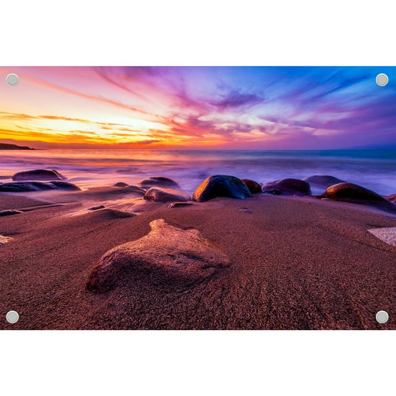 Diha 7x5ft Beach Sunset Backdrop – Sandy Shoreand Rocks polyester Banner for Wedding, Birthday, Beach Theme Party, Photo Booth Studio, Collapsible and Easy-Care