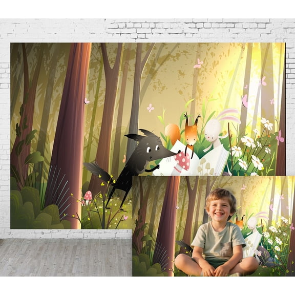 Diha 8x6ft Fabric Outdoor Background Cartoon Illustration Style Forest Scene Animal Theme Picnic Camping Hiking Home Decoration Photography Background