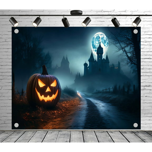 Diha 8x6ft Halloween Haunted Castle Backdrop  Glowing Jack - O'-Lantern, Full Moon, Misty Road & Spooky Castle Banner for Halloween Party, Horror Event, Photo Booth Studio