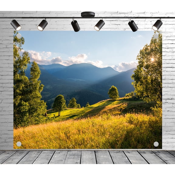 Diha 8x6ft Outdoor Background Golden Grassland Sunlit Mountains Blue Sky Clouds Scenic Photography Backdrop