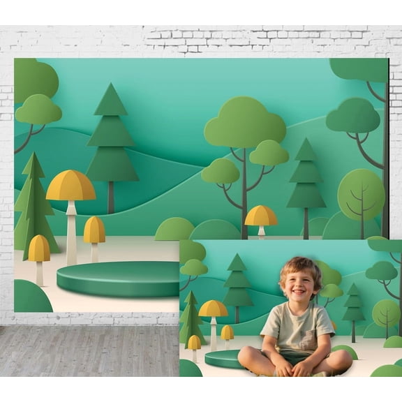 Diha 9x6ft Fabric Outdoor Background Paper Cuttings Illustration Style Geometric Trees Picnic Camping Hiking Wedding Photoshoot Home Decoration Photography Background