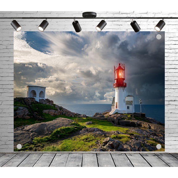 Diha 9x6ft Lighthouse Backdrop – Norway’s Southernmost Beacon, Coastal Rocks, Dramatic Sky & Ocean View Banner for Nautical Theme Party, Travel Event, Photo Booth Studio