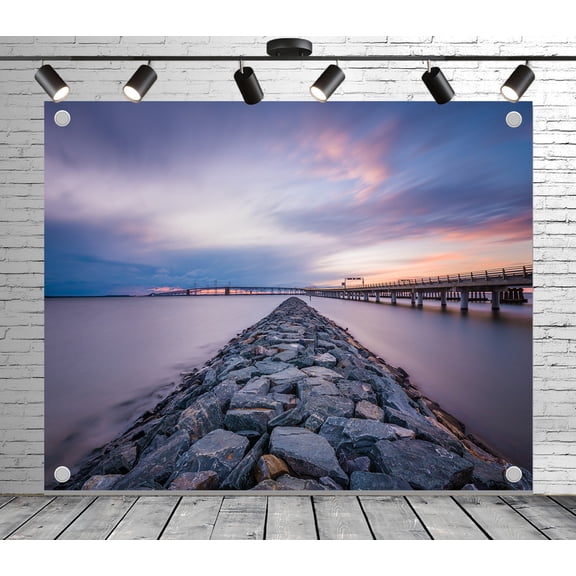 Diha 9x6ft Pier Breakwater Backdrop – Rugged Rocks, Distant Bridge and Pastel Sunset Sky Banner for Wedding, Party, Photo Booth, backdrop cloth for decoration