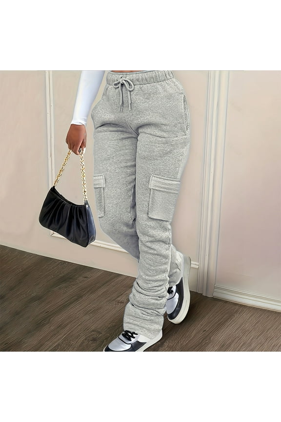 2024 Winter Pants for Women Hot Sales Womens Cargo Sweatpants Fleece Stacked Pants High Waisted Casual Workout Joggers Trousers