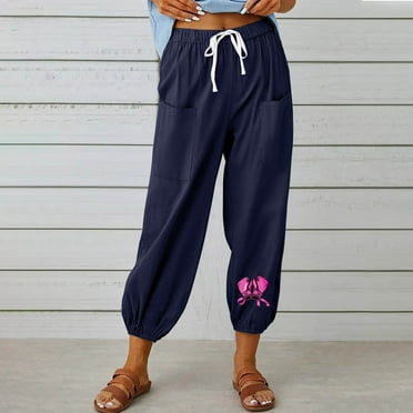 Dihao Capris Pants for Women Casual Summer Cotton Linen Pants Wide Leg Capris Lightweight Baggy Cropped Trousers Front Double Pockets Love Printed Drawstring Adjustable Womens Pants
