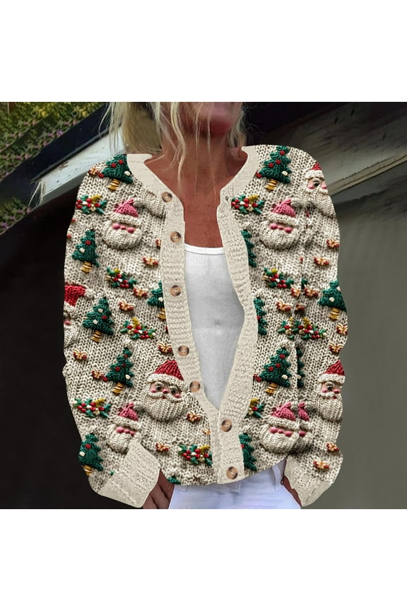 Christmas Sweaters for Women Ugly Funny Xmas Tree Print Button Up Cardigans Fall Winter Vintage Knitted Outerwear Cardigan Sweater Long Sleeve Hollowed Out Xmas Graphic Casual Jacket