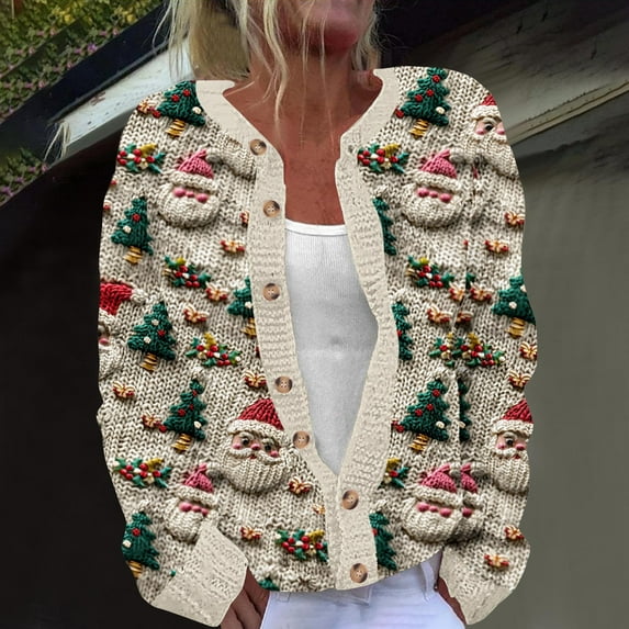 Dihao Christmas Sweaters for Women Ugly Funny Xmas Tree Print Button Up Cardigans Fall Winter Vintage Knitted Outerwear Cardigan Sweater Long Sleeve Hollowed Out Xmas Graphic Casual Jacket