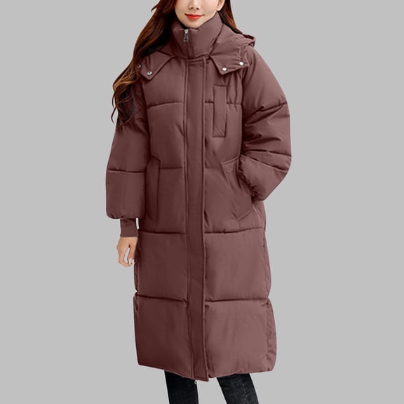 Dihao Coats for Women Plus Size Lengthen Women Long Quilted Coat Maxi Length Long Sleeve Puffer Jacket Solid Hooded Padded Coats Thick Warm Winter Outerwear