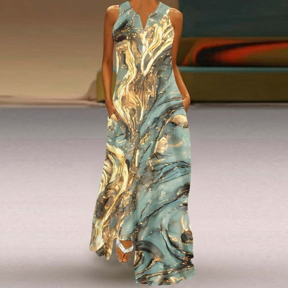 Dihao Dresses for Women 2024 Plus Size Dress The Carnival Women Sleeveless V-Neck Casual Long Dress Loose Marble Printed Tank Dress with Pockets Vacation Beach Sundress Suspender Skirt