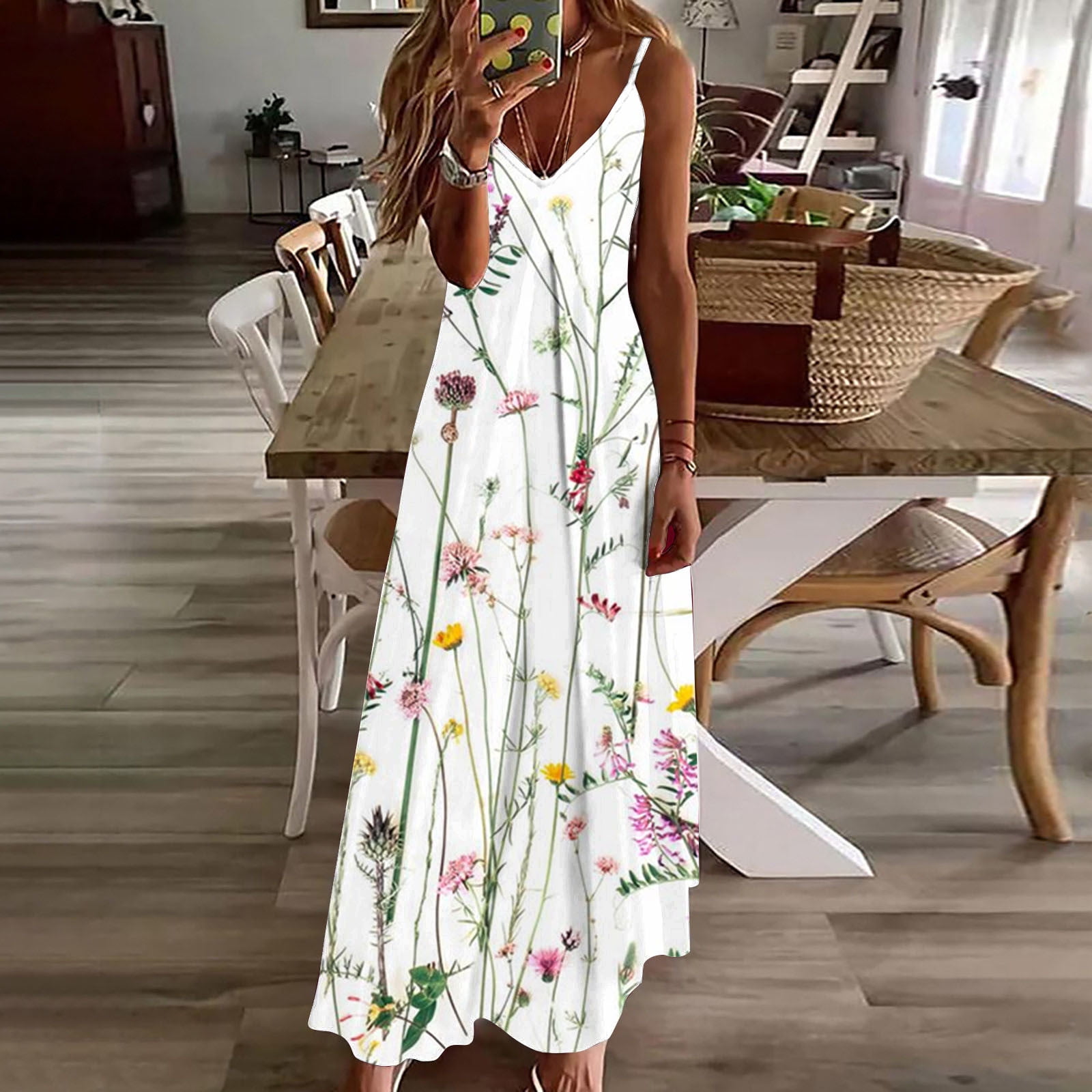 Women's summer floral suspender dress with ruffled slit