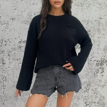 Dihao Fall Sweaters for Women Plus Size Ladies' Casual Round Neck Pocket Solid Color Long Sleeved Loose Top Women's Round Neck Sweater