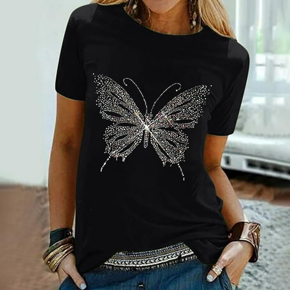 Dihao Graphic Tees for Women Spring Summer Women's Favorite Tees Butterflies Printing Women's Round Neck Short Sleeve Daily Fashion T Shirt Loose Easy Match Tops Blouse Gift for Women