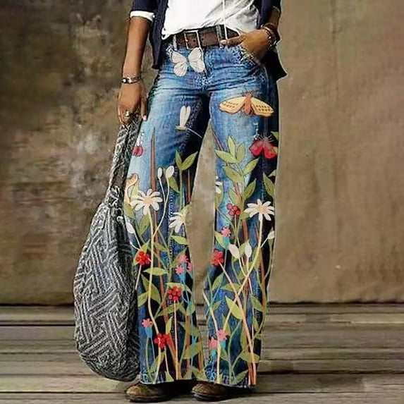 Dihao Jeans for Women Womens Floral Print Loose Fit Jean Casual Decorative Plus Size Wide Leg Denim Pants With Flowers Patterned Wide Leg Pants