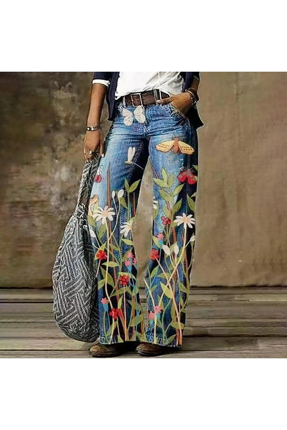 Jeans for Women Womens Floral Print Loose Fit Jean Casual Decorative Plus Size Wide Leg Denim Pants With Flowers Patterned Wide Leg Pants