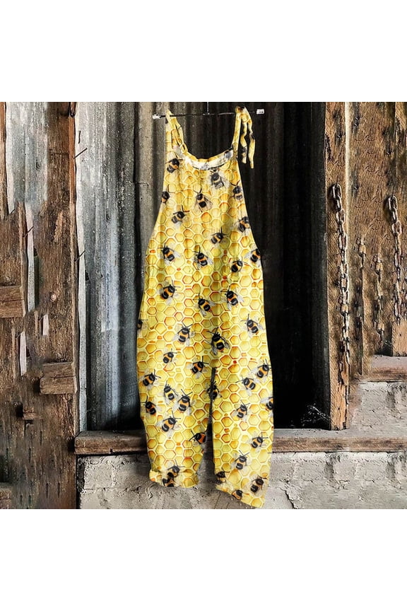 Jumpsuits for Women Plus Size Casual Style Bees Printing Wide Leg Suspenders Rompers Daily Outdoor Overalls Women's Summer Sleeveless Backless Loose Long Playsuits Jumpsuit
