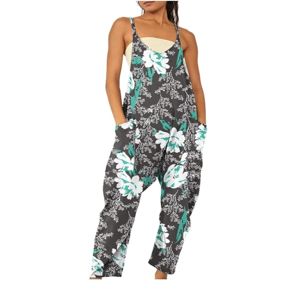 Dihao Jumpsuits for Women Plus Size Casual Style Lightweight Wide Leg Printing Suspenders Rompers Women's Loose Baggy Pocket Jumpsuit Fashion Playsuit Trousers Sling Overalls Daily Outfit