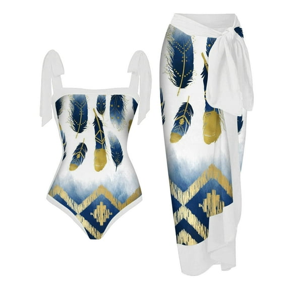Dihao One Piece Swimsuit for Women Clearance Plus Size Women'S 2024 Print Swimsuit Bikini Lace Up with Long Skirt Chiffon Two-Piece Conservative Swimsuit Set