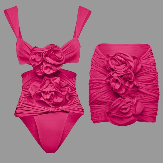 Dihao One Piece Swimsuit for Women Clearance Plus Size Women Sexy Swimming Suit Floral Decoration Ruffled Swimsuit Strapless Solid Color Swimsuit Skirt Set Two-Piece Set