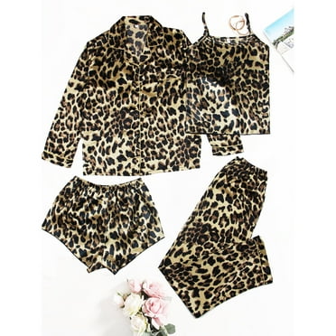 Dihao Pajama Sets for Women 4 Piece Women's Leopard Print Home Clothing Comfort Set Four Piece Color Ding Set Suspender Set Long Sleeved Pants Pajamas Lounge Sets for Women
