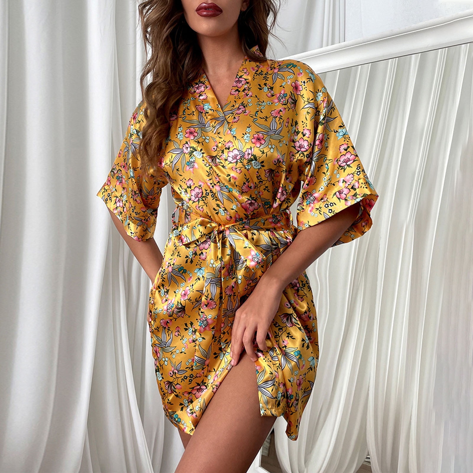 Dihao Pajamas for Women Clearance Summer Cool Silk Robes with Belt ...