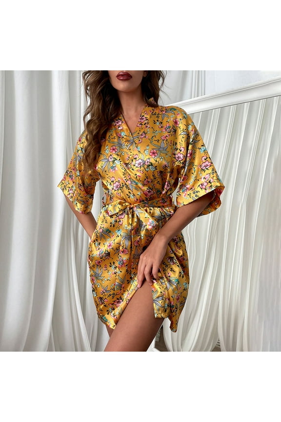 Pajamas for Women Clearance Summer Cool Silk Robes with Belt Floral Printing Bathrobe Women's Sexy Comfortable Home Silk Printed Pajamas