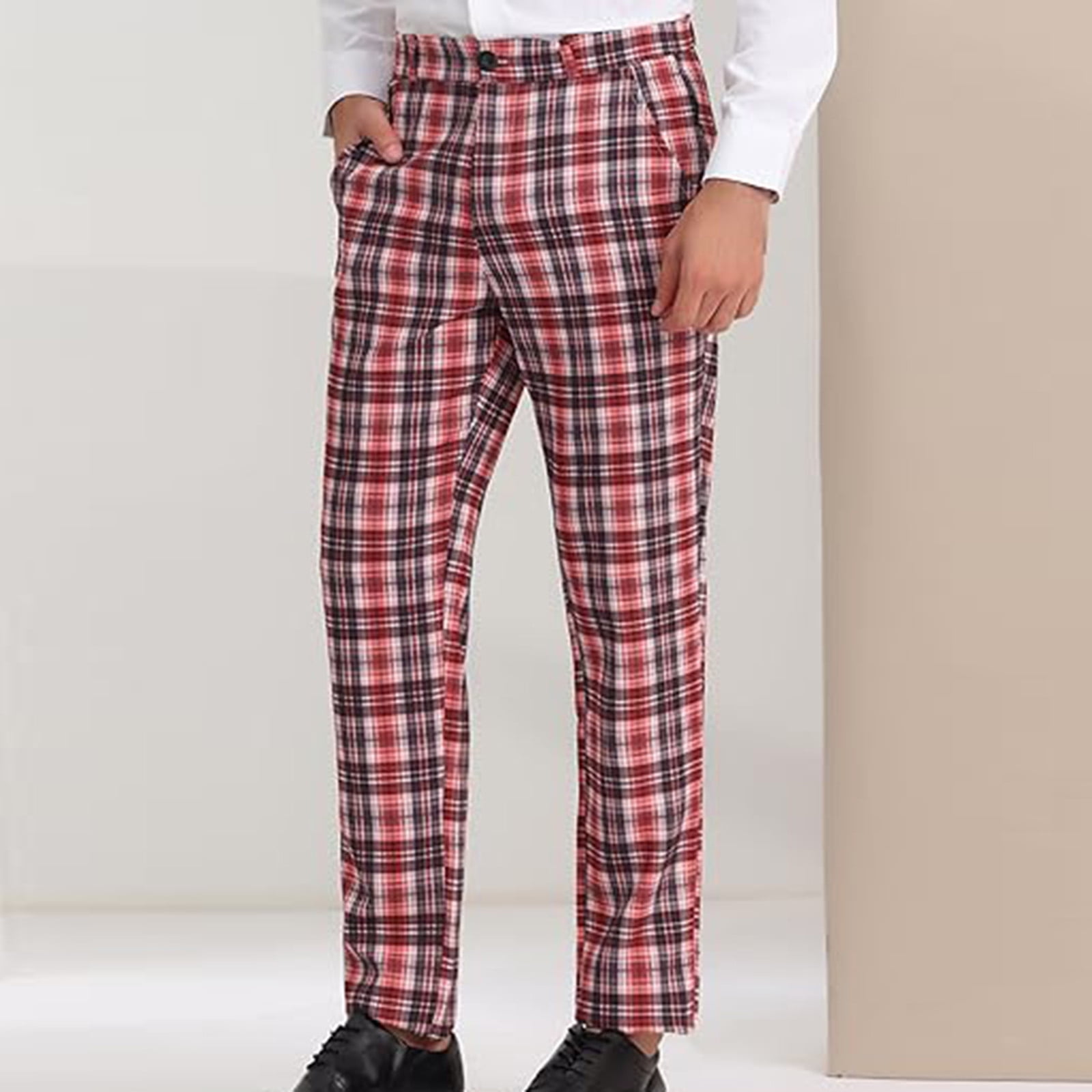 Dihao Pants for Men Plaid Slacks Regular Fit Flat Front Work Prom