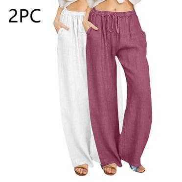 Dihao Pants for Women 2024, Plus Size Clearance Womens Casual Pants Cotton and Linen Wide Leg Pants Casual Trousers Solid Drawstring Waist Long Pants With Pocket