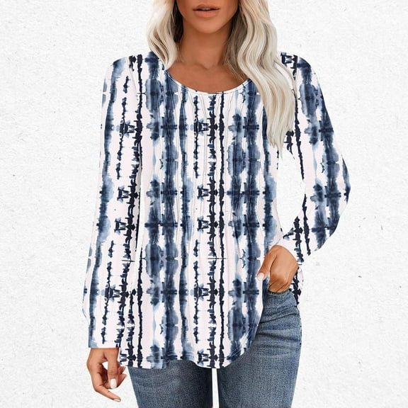 Dihao Plus Size Long Sleeve Pullover Tops for Women 2024 Winter Blouse Women's Casual Fashion Loose Pleated Crew-Neck Printed Long-Sleeved Tops