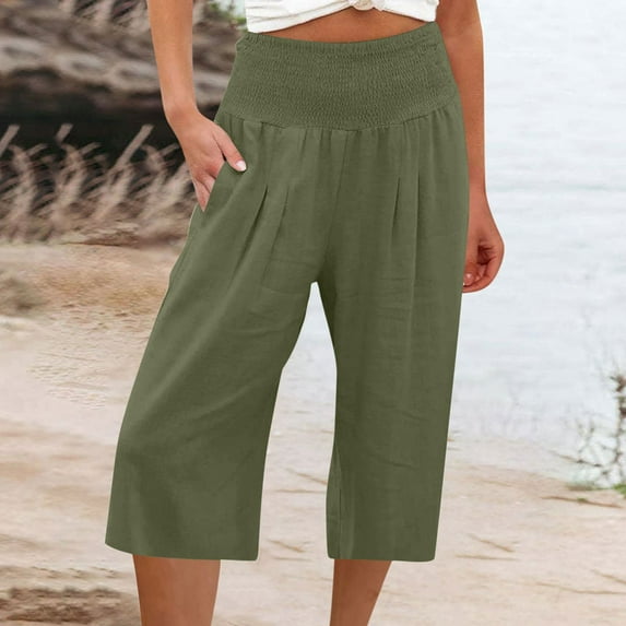 Dihao Plus Size Pants for Women Women's Solid Color High Waist Elastic Loose Wide Leg Capris with Pockets Casual Baggy Long Straight Capri Pants Going out Daily Clearance