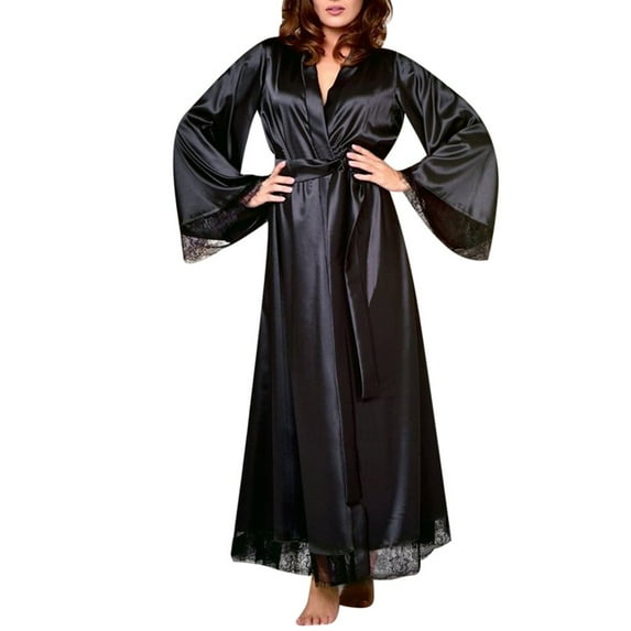 Dihao Robes for Women Plus Size Women Robe Lightweight Long Sleeve Knit Bathrobe Summer Soft Knee Length Sleepwear Robes V Neck Long Silk Kimono Dressing Gown Bath Robe Lingerie Nightdress Pajamas