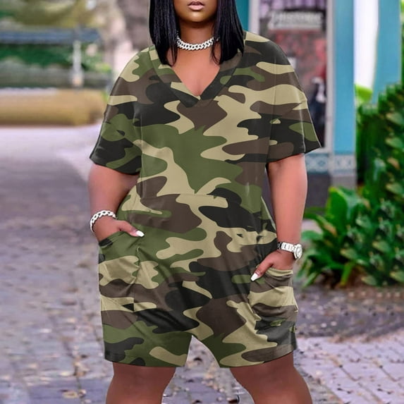 Dihao Rompers for Women Clearance Plus Size Women'S V Neck Summer Camouflage Print Casual Pocket Knee Short Sleeve with Pockets