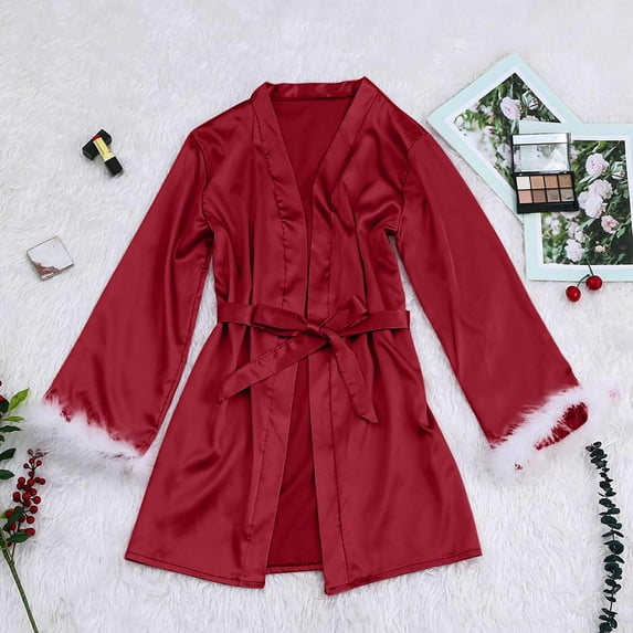 Dihao Silk Robes for Women Floral Printing Trim Satin Bride Robe 3/4 Sleeve Sexy Kimono Robe Sleepwear Women Solid Color Tie Straps Ice Shreds Taste Fashion Sexy Bathrobe Robe