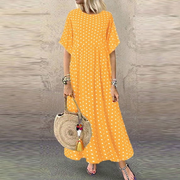 Dihao Summer Dress for Women Plus Size 2024 Women Short Sleeve Round Neck Dot Print Casual Dress Vacation Long Hem Pleated Maxi Dress for Daily Sales Promotion