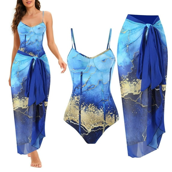 Dihao Swimsuit for Women Clearance Plus Size Women'S Swimwear Bikini Lace Up Swimsuit with Long Skirt Chiffon Two-Piece Set Swimsuit Tummy Control Bathing Suit