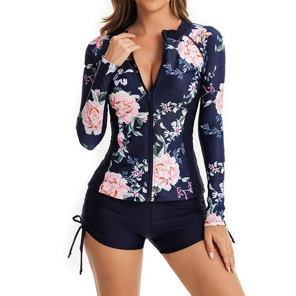 Dihao Swimsuit for Women Clearance Plus Size Women'S Separate Surf Suit Long-Sleeved Swimsuit with Shorts Two Piece Zipper Swimsuit