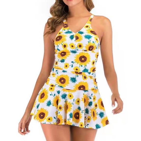 Dihao Swimsuit for Women Clearance Plus Size Womens Printing Swimdress Push-Up Pad Swimwear and Shorts Two Piece Swimsuit Beachwear Set