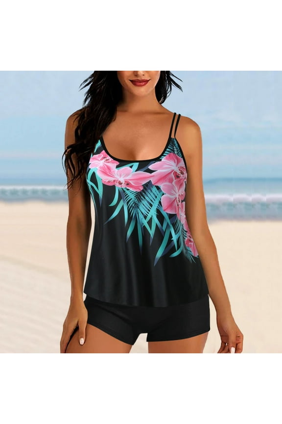 Dihao Tankini Swimsuit for Women Plus Size Conservative Print Strappy Back Set Two Piece Tank Tops Print Swimsuits Swimdress Bathing Suit