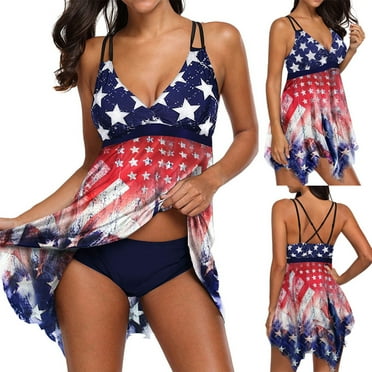 Dihao Tankini Swimsuit for Women Clearance Plus Size Independence Day Women'S Crisscross Back Swim Skirt with Shorts Two Piece Swimsuit On Promotion