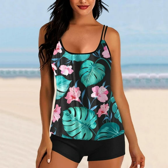Dihao Tankini Swimsuit for Women Clearance Plus Size Tank Top with Shorts Two Piece Two Piece Bathing Suits Floral Print Swimming Suits