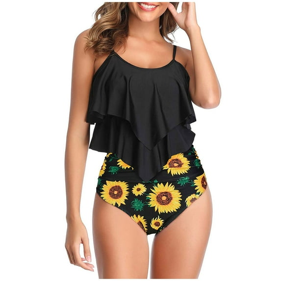 Dihao Tankini Swimsuit for Women Clearance Plus Size Women High Waisted Swimsuit Two Piece Ruffled Flounce Top with Ruched Bottom Swimwear