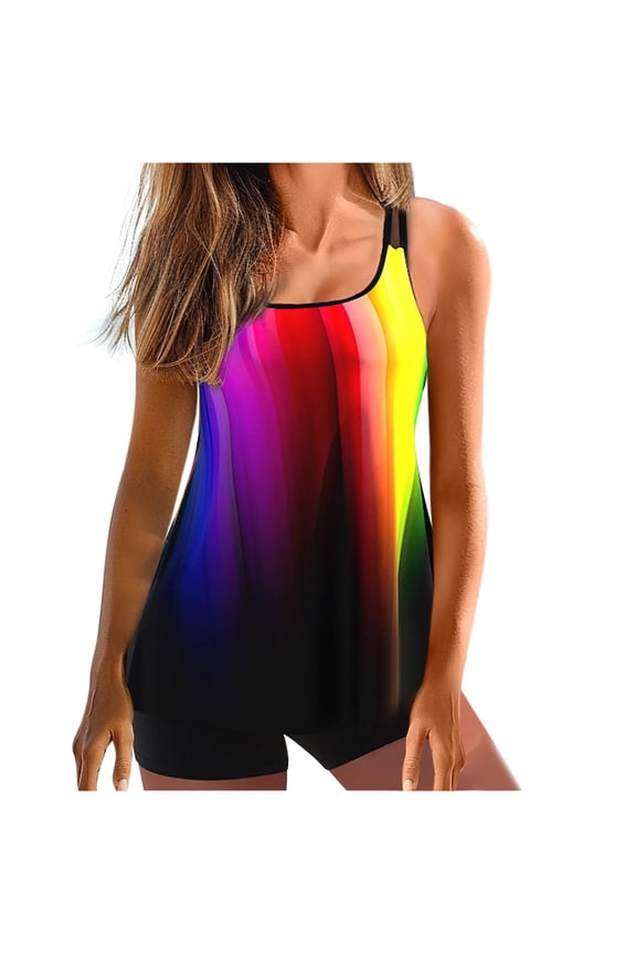 Tankini Two Piece For Women Summer Clearance Women's Tie-Dyed Printed Flat Angle Beach Swimsuit Tawnk Tops with Shorts 3 Piece Split Swimsuit Set